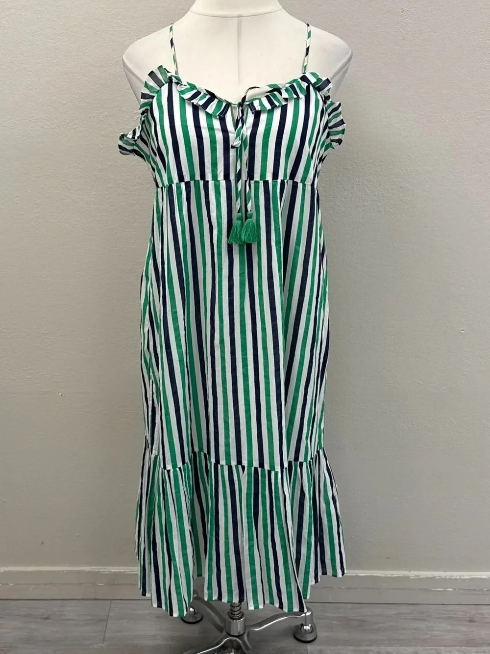 J.Crew Navy Blue & Green Striped Ruffle Tiered Maxi Dress - New - Size XL
